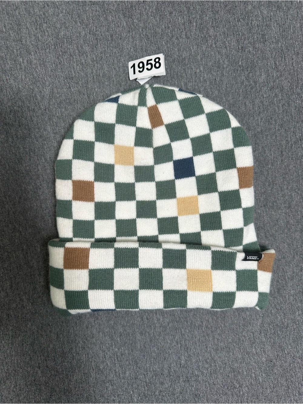Vans Checkerboard Knit Beanie in Green, White & Brown